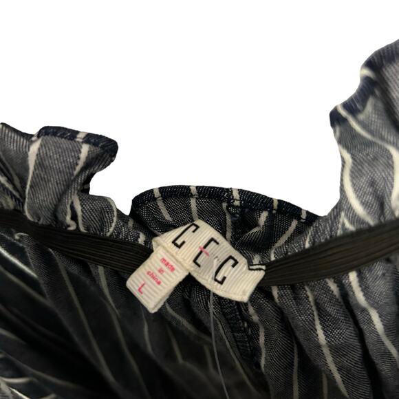 TCEC Navy White Striped Frilled Velvet Bow Top Large - Picture 2 of 5